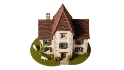 Isolated miniature house figurine, fairy tale cottage on green base, no background, model home