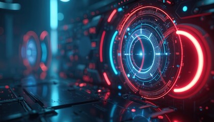 Futuristic digital interface with glowing red, blue concentric circles, circuits. Abstract tech background conveys advanced computing data processing, network connection. Digital innovation concept.