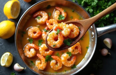 Fototapeta premium Fresh shrimp cooked in garlic butter sauce with lemon and parsley. Served in pan with spoon of cooked prawns. Delicious seafood meal ready to eat.