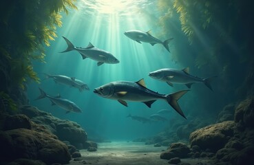Obraz premium Underwater scene with cobia fish in ocean. Sunlight penetrates water surface. School swims among plants near rocky bottom. Marine fauna in its pure beauty. Generative AI illustration shows wildlife.