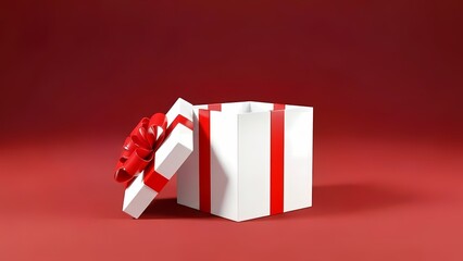 Blank white gift box mockup exhibition booth stand open or opened present box tied with red ribbon bow isolated on dark red background with shadow minimal creative idea conceptual 3D rendering