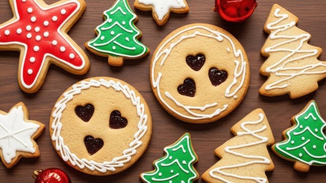 A festive arrangement of gingerbread cookies and Christmas decorations on a wooden table. - Powered by Adobe
