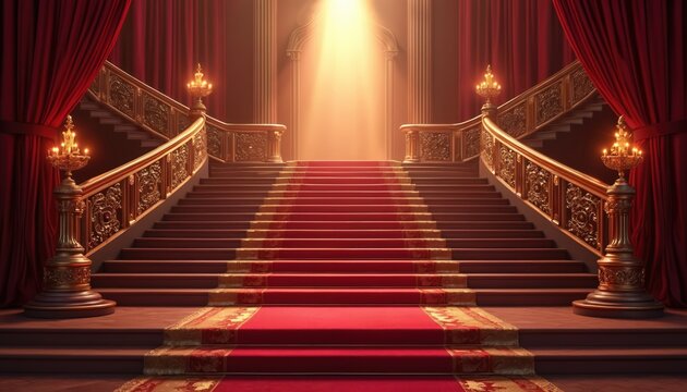 Grand staircase with red carpet and gold ornate railings. Dramatic light shines from archway above. Luxury steps lead to entrance. Elegant backdrop for awards ceremony or gala event.