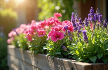 Wooden planter box overflows with colorful flowers in bright sunlight. Pink geraniums, purple lavender create vibrant display of blooms. Image evokes feelings of tranquility, natural beauty within