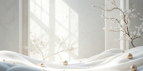  Christmas balls banner with text space, elegant composition with Christmas decoration and spruce tree on bokeh soft glowing lights, golden ribbons, snowflakes, bokeh background, luxury festive design