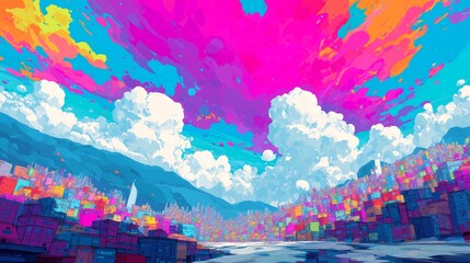 glitch vibrant cityscape under pink blue cloud, creative Avant-garde vibrant colorful illustration 