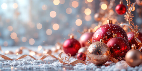  Christmas balls banner with text space, elegant composition with Christmas decoration and spruce tree on bokeh soft glowing lights, golden ribbons, snowflakes, bokeh background, luxury festive design