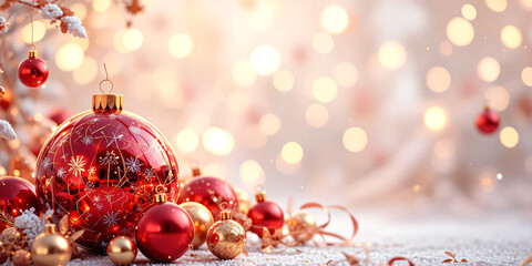  Christmas balls banner with text space, elegant composition with Christmas decoration and spruce tree on bokeh soft glowing lights, golden ribbons, snowflakes, bokeh background, luxury festive design