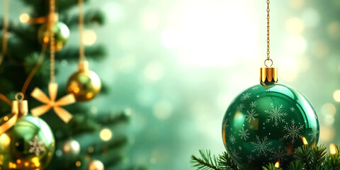  Christmas balls banner with text space, elegant composition with Christmas decoration and spruce tree on bokeh soft glowing lights, golden ribbons, snowflakes, bokeh background, luxury festive design