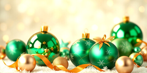  Christmas balls banner with text space, elegant composition with Christmas decoration and spruce tree on bokeh soft glowing lights, golden ribbons, snowflakes, bokeh background, luxury festive design