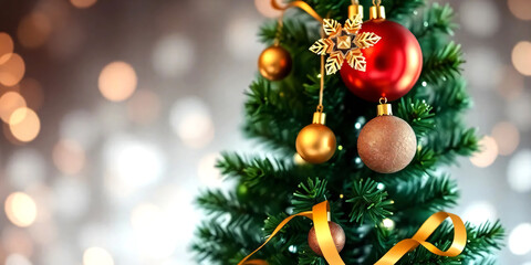  Christmas balls banner with text space, elegant composition with Christmas decoration and spruce tree on bokeh soft glowing lights, golden ribbons, snowflakes, bokeh background, luxury festive design