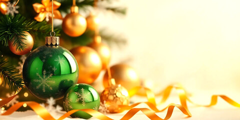  Christmas balls banner with text space, elegant composition with Christmas decoration and spruce tree on bokeh soft glowing lights, golden ribbons, snowflakes, bokeh background, luxury festive design