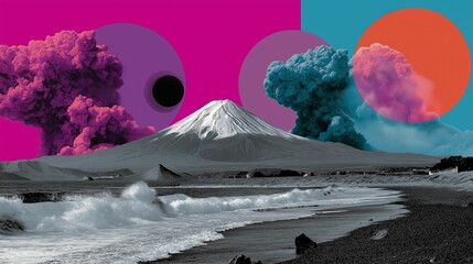 A surreal otherworldly sci-fi planet landscape illustrated in vibrant avant-garde colors, featuring luminous mountains, flowing rivers, swirling nebula clouds, and a cosmic horizon that glows with dre