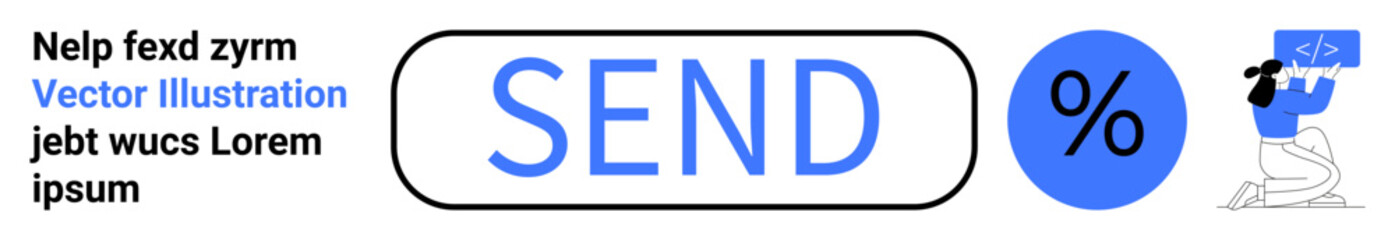 User interface design, web development, app functionality, programming, digital communication, software usage. Button labeled Send, percentage sign and a developer at work. User interface design