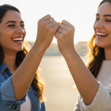 Authentic bonding moment with permanent jewelry bracelets and genuine laughter.