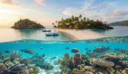 Split view of tropical island and underwater coral reef