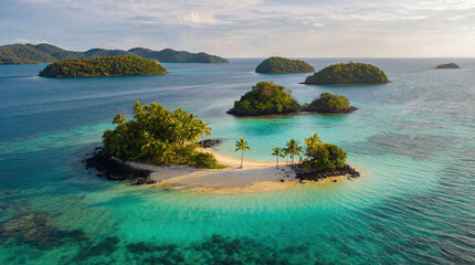 Aerial drone view of small tropical islets in turquoise sea