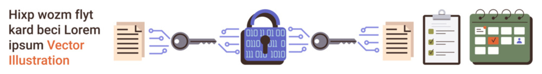 Data security, encryption, file management, information sharing, digital records, data access. Lock symbol connecting files, clipboard and calendar. Data security and encryption concept © robu_s