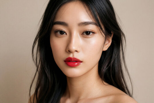 Glamour portrait of Asian woman with red lips and dark hair
