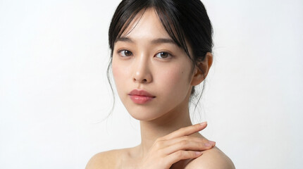  Asian woman with natural makeup touching bare shoulder