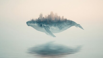 Naklejka premium Whale with city skyline floats over water on a foggy day