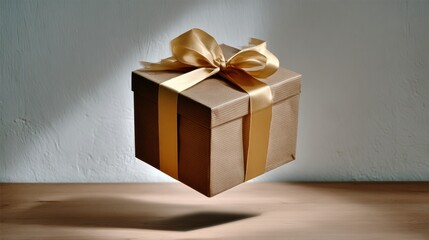 Floating gift box with golden ribbon and bow, set against a soft textured background, creating a magical and festive atmosphere for celebrations and special occasions