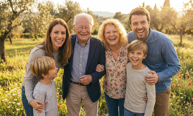 Happy family portrait standing in sunny meadow