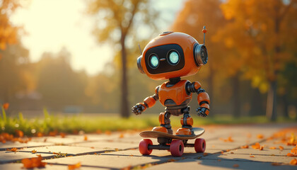 Orange robot rides skateboard on path in park. Robotic character enjoys outdoor fun leisure activity. Sunny day illustration depicts youth adventure sport tech. Modern art design cartoon.