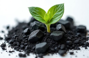 Green sprout grows from black coal pile. New life emerges from dark material, rebirth, resilience. Plant thrives in unexpected environment against white background, nature power.