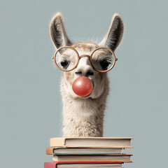 Fototapeta premium Long-necked lama wearing wooden-framed glasses, empty space