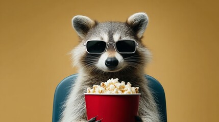 Raccoon wearing stylish sunglasses, holding a red popcorn bucket, sitting on a chair against a vibrant yellow background, showcasing a playful and humorous cinematic atmosphere