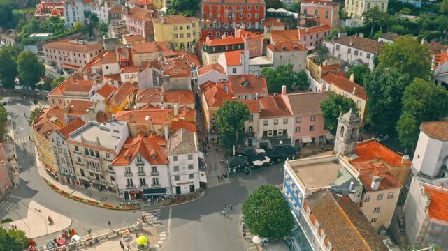 Panoramic aerial view of historic town center of Sintra Portugal with colorful traditional houses red rooftops narrow streets buildings popular travel destination in Europe traveling trip concept
