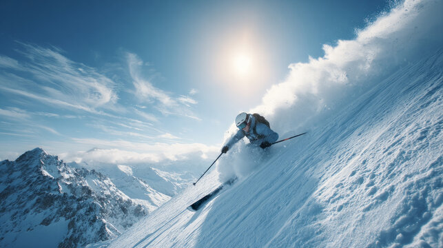 Quick descent at a high speed while skiing on a sunny day in the