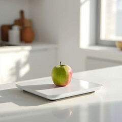 Fresh green apple on a digital kitchen scale
