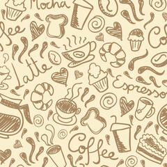 Coffee hand drawn doodle seamless pattern for packaging, textile, print. Modern doodle background with tea and coffee.