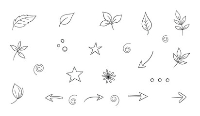 Simple Line Art Botanical Elements Leaves Flowers Swirls Arrows and Circles Keywords: botanical, element, leaf, flower, swirl, arrow, circle, line art, drawing, sketch, simple, minimalist, organic