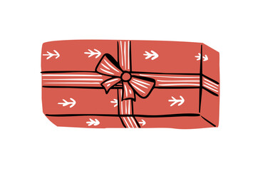 Stylized Festive Christmas Gift Box Doodle. Cute Holiday Present Wrapped with Ribbon and Bow. Outline Hand-Drawn Vector Illustration