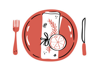 Stylized Festive Dinner Place Setting Doodle. Cute Plate with Napkin, Lemon, Fork, and Knife Illustration. Outline Hand-Drawn Vector Illustration