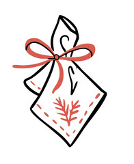 Festive Napkin with Ribbon Bow Doodle. Cute Christmas Table Decoration Accessory Illustration. Outline Hand-Drawn Vector Illustration