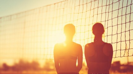 Two people stand by a volleyball net during sunset at the beach