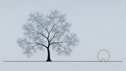 Minimalist design contrasting a detailed tree with abstract geometric circles on a light background