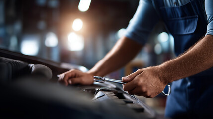 Faceless auto mechanics hands performing car service engine maintenance work vehicle repair operation automotive professional task workshop technical service defocused garage