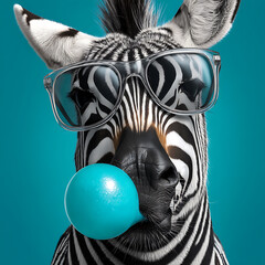 Naklejka premium A stylish zebra wearing glasses is blowing gum