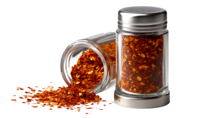 Two glass spice shakers filled with vibrant red chili flakes against a stark creating high contrast