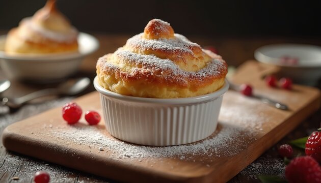 Fluffy french souffle dessert in white ramekin dusted with powdered sugar. Fresh berries garnish wooden board next to baked pastry. Two spoons rest near dish.