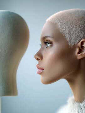 Shaved-head woman standing beside a mannequin head representing themes of beauty and self-image
