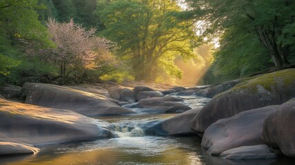 Serene river flowing over rocks in a lush green forest with golden sunlight filtering through