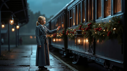 A woman standing in front of a train at a train station