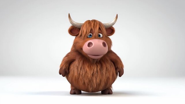 Adorable cartoon highland cow character illustration, a cute fluffy bovine animal