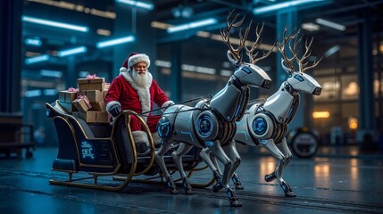 A santa claus riding in a sleigh pulled by two reindeer with presents